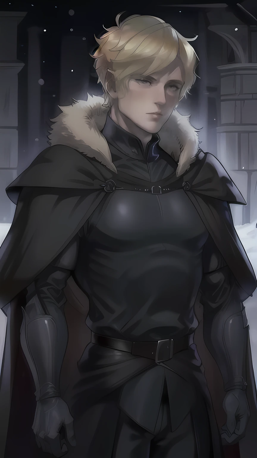 Drawing of a man, adult man, serious face blond short hair, hair combed, medieval black cloak with fur,  winter
