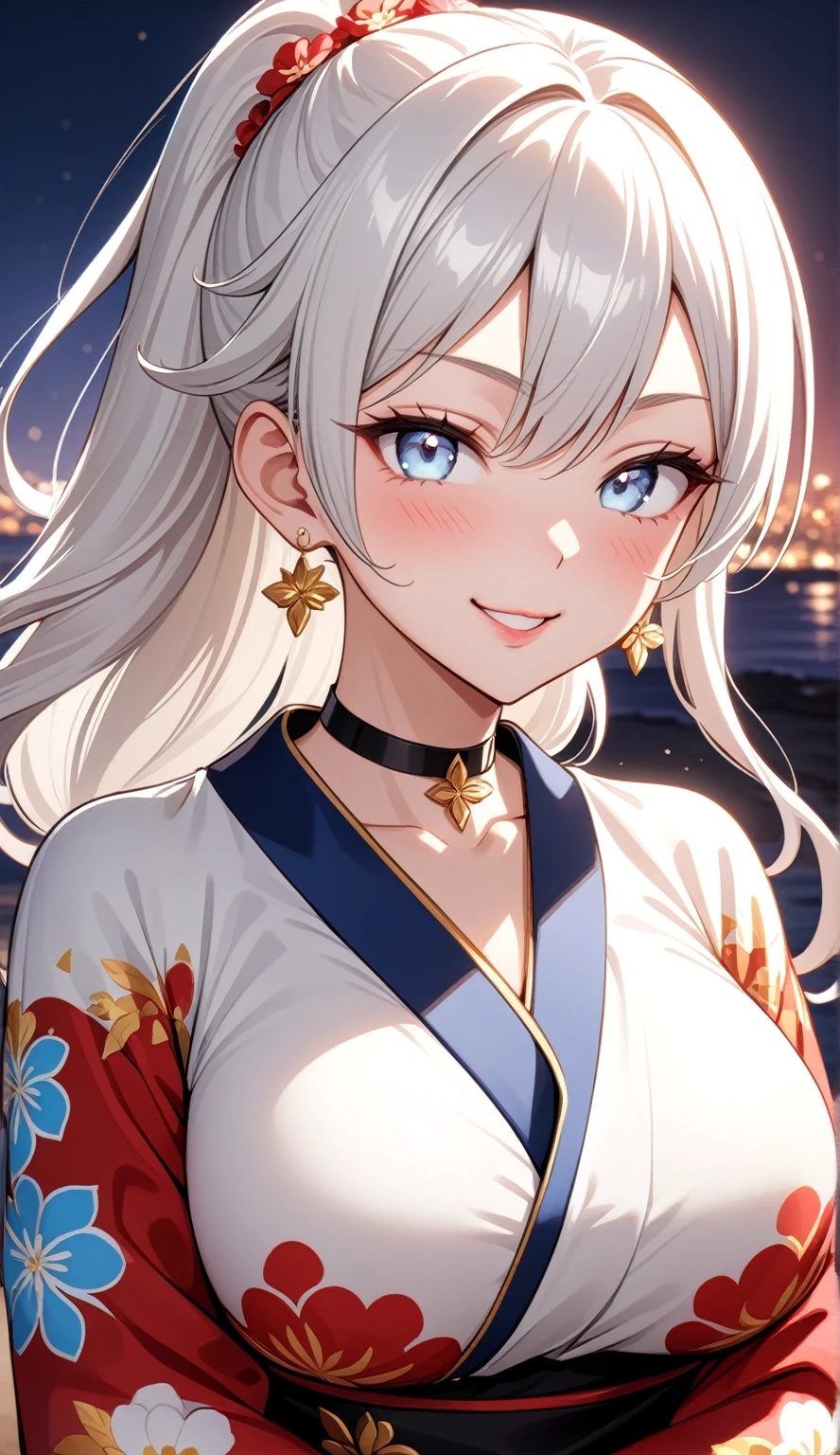 ((One personの女性)), Beautiful Face, (Laughing embarrassedly), (naughty face), ((Wink:1.8)), Laugh with your mouth wide open,((Bright red cheeks:1.4)),Shiny red lips, night,横浜のnight景,You can see the ocean, firework,,Glossy pink lips,Facial lighting,((Anime style background)),masterpiece, Highest quality, so beautiful,up to date, Complex details, (Pink long nails), (ring),(bracelet),(choker),AI-generated, Complex,High resolution, Highest quality, super high quality,3D Images、3D Images,One person,Long white hair,High Ponytail,(blue eyes),Anime woman posing for a photo, ((Fine grain、Silvery white colorful eyes、Shining Eyes:1.3)),(Squint your eyes:1.1),a hyperRealistic , hyperRealistic , Realistic,Anime woman with long white hair, Smooth anime CG art, A woman in a colorful kimono with gold embroidery, (Black long sleeve kimono),Red floral pattern,Long flower hair ornament,Earrings,Mature Body,(Big Breasts:1.1),Tall,Abdominal muscles,Narrow waist,(Zoom up to face), ((front view)),((Clasp your arms in front of you)),