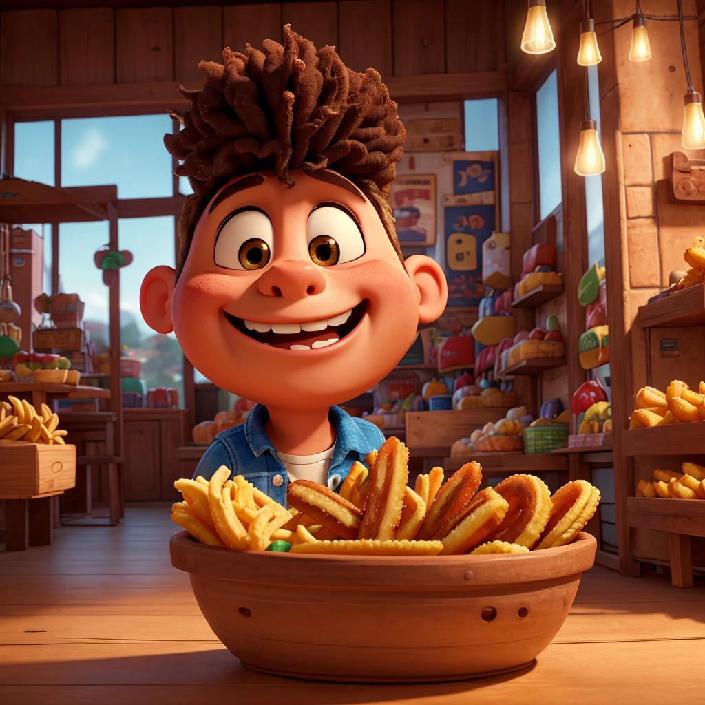 a happy and surprised boy, hungry for fried snacks, churros, highly detailed, photorealistic, 8k, HDR, hyper detailed facial features, expressive eyes, cute expression, playful, vibrant colors, warm lighting, cozy atmosphere, delicious food, mouth-watering, appetizing, fluffy churros, crispy fried snacks, natural textures, soft focus, cinematic composition, golden hour lighting, cheerful, whimsical