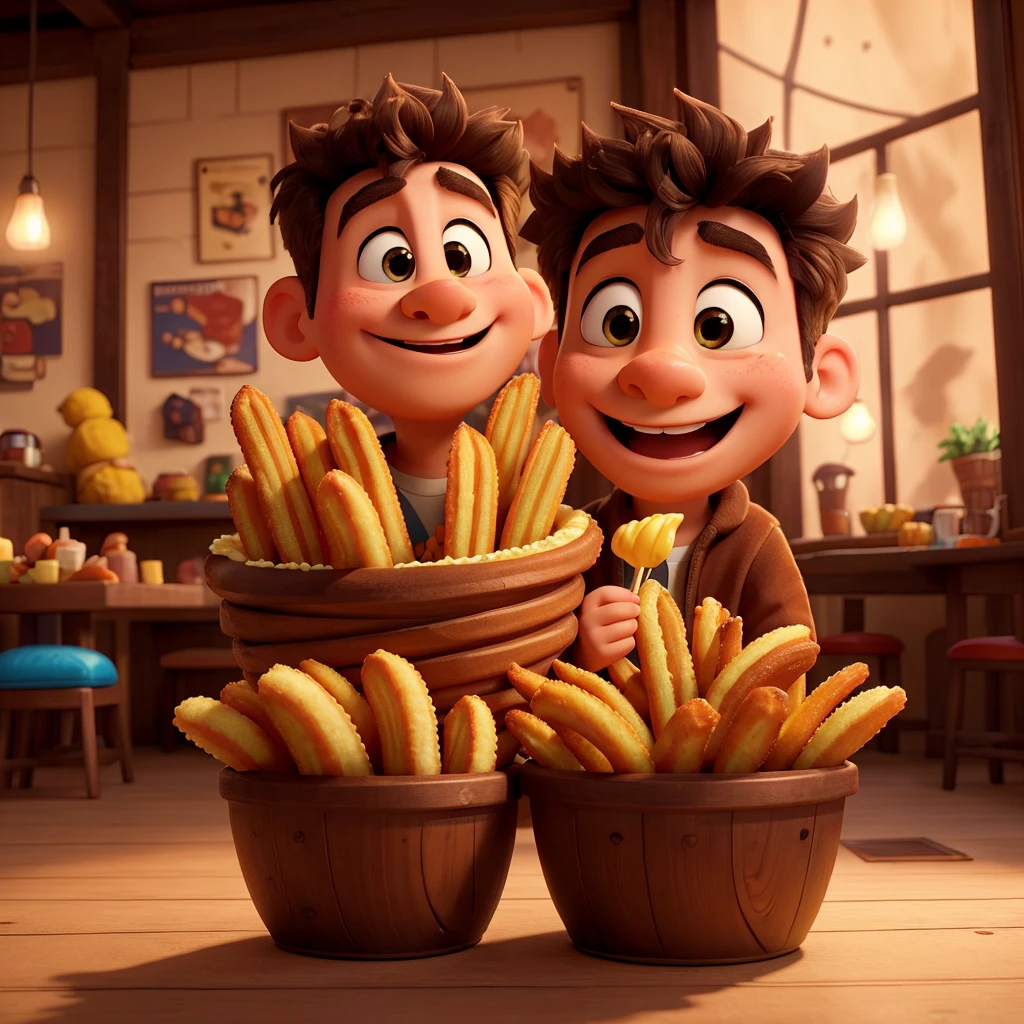 a happy and surprised boy, hungry for fried snacks, churros, highly detailed, photorealistic, 8k, HDR, hyper detailed facial features, expressive eyes, cute expression, playful, vibrant colors, warm lighting, cozy atmosphere, delicious food, mouth-watering, appetizing, fluffy churros, crispy fried snacks, natural textures, soft focus, cinematic composition, golden hour lighting, cheerful, whimsical
