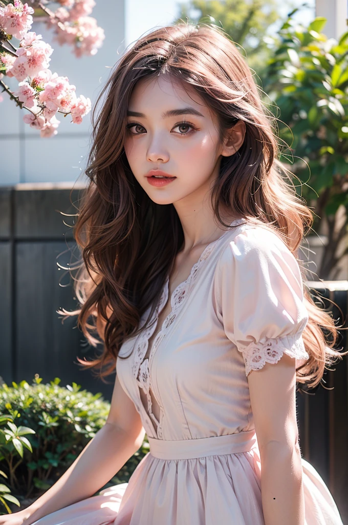 Light pink hair, Pink Eyes, Pink and white, Sakura Leaves, Bright colors, White Dress, Paint splatter, Simple background, Ray Tracing, curls。 Photography style,Master photography,Realistic Photography,Pinnacle picture quality,Super Resolution,32k,Looking at the camera