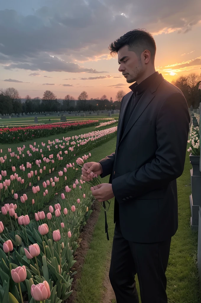 A man with a sad face,at the grave of his wife Samantha, holding tulips and on the side several graves with roses,and the sunset in the background.