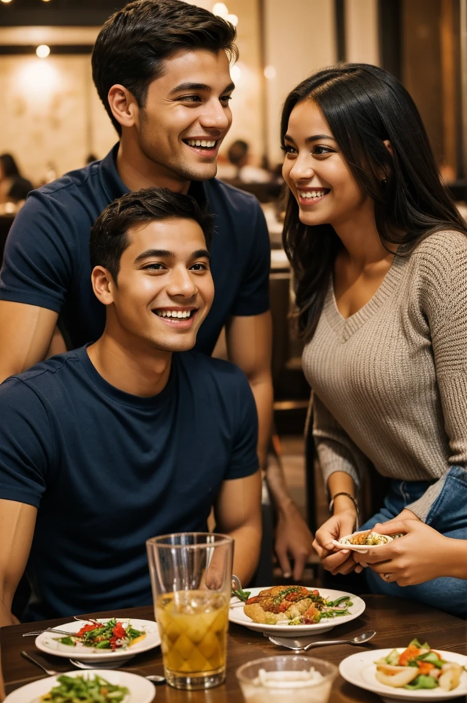 A couple having dinner in a restaurant, the girl smiling and the boy staring at her