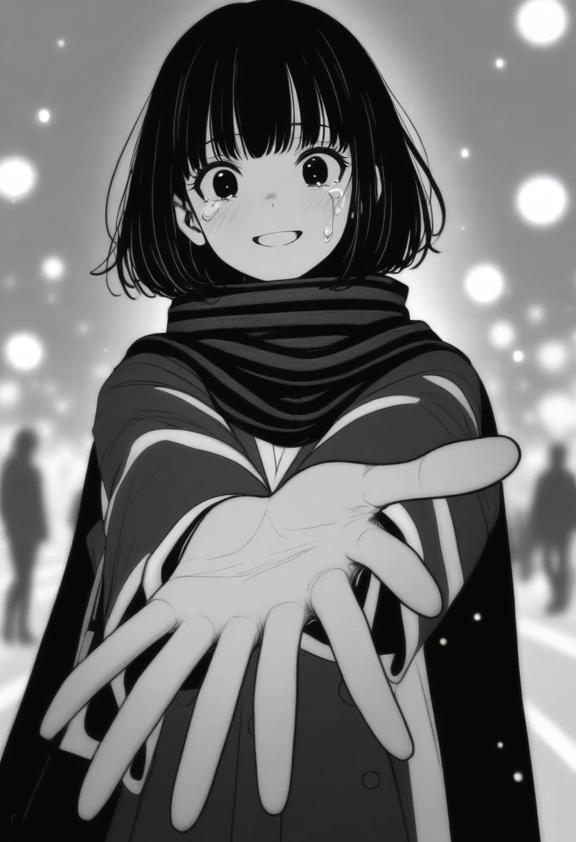 masterpiece, best quality, 1girl, mamerakkkkko, grayscale, manga style, japanese, chi no wadachi, black eyes, street, iced, black hair, schoolbag, smile, lineart, black coat, black scarf, black pleated skirt, leggins, centered, 18 years old, tall, fair skinned, bokeh background, crying, tears, tears streaming, bob cut, light particles, centered, snowing, (((reaching out left hand to viewer, perfect hand, detailed hand:1.1)), emotional anime scene