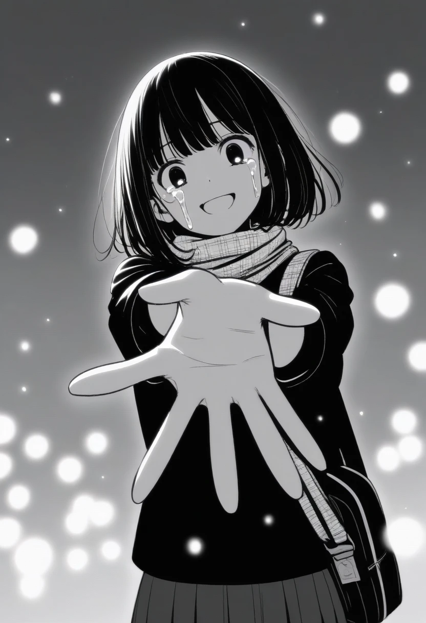 masterpiece, best quality, 1girl, mamerakkkkko, grayscale, manga style, japanese, chi no wadachi, black eyes, street, iced, black hair, schoolbag, smile, lineart, black coat, black scarf, black pleated skirt, leggins, centered, 18 years old, tall, fair skinned, bokeh background, crying, tears, tears streaming, bob cut, light particles, centered, snowing, (((reaching out left hand to viewer, perfect hand, detailed hand:1.1)), emotional anime scene