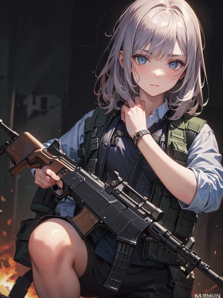 ((kalashnikov_rifle,assault_rifle ,holding_gun))  (Best Quality, 8k, Oil painting, Mastepiece), Super detailed, (Realism, It&#39;s photorealistic), (((Blonde hair　short ponytail　Wear a cap)))　((cyber punk　Earrings　Smoke a cigarette  solo)),((Shining Moon　Shining Background)) ,((Cat ears)), ((Sleeveless)),((Wine Red Baseball Cap)),((Wearing a wine red baseball uniform))、((Red Cape))、Pale blue eyes ,upper body,