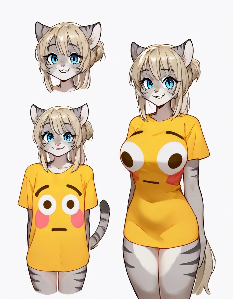 Solo, score_9,score_8_up,score_7_up, source_furry, (Kat, Anthro furry feline girl, adult female, blue eyes, blonde hair, (hair in a pony tail):1.3, silver fur, grey stripes, tail), BREAK,  flushed_emoji_shirt, 1girl, multiple views, thighs, t-shirt, ((medium breasts)),  simple background, grin, 