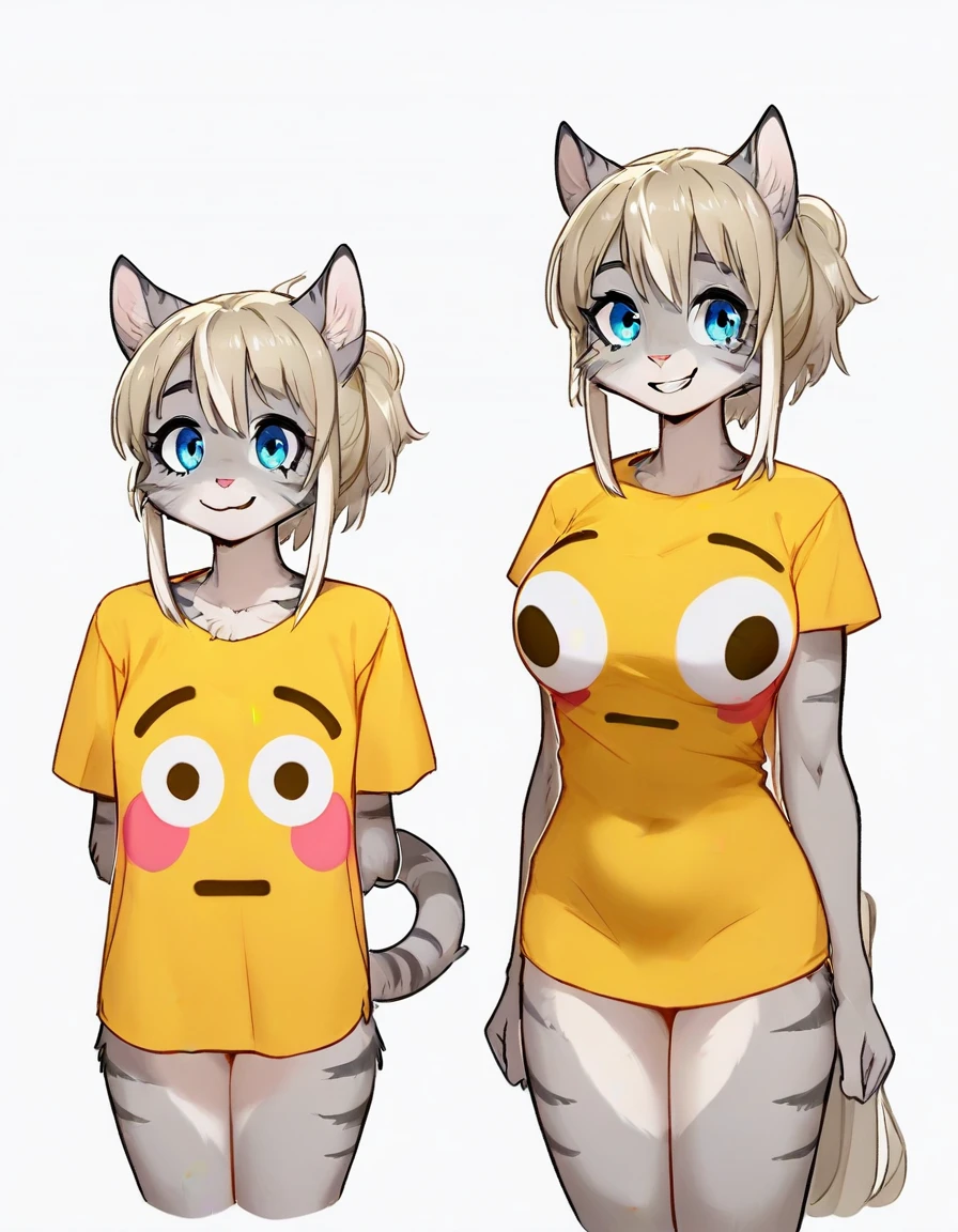Solo, score_9,score_8_up,score_7_up, source_furry, (Kat, Anthro furry feline girl, adult female, blue eyes, blonde hair, (hair in a pony tail):1.3, silver fur, grey stripes, tail), BREAK,  flushed_emoji_shirt, 1girl, multiple views, thighs, t-shirt, ((medium breasts)),  simple background, grin, 