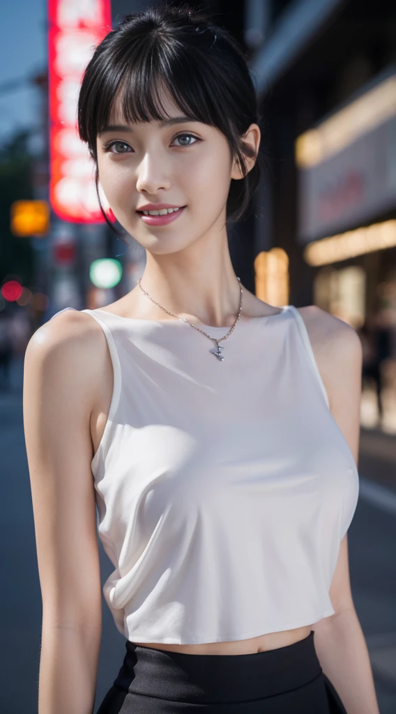 8k, masterpiece, RAW photo, best quality, photorealistic, extremely detailed CG unity 8k wallpaper, Depth of field, Cinematic Light, Lens Flare, Ray tracing, (extremely beautiful face, beautiful lips, beautiful eyes), intricate detail face, ((ultra detailed skin)) 1girl, in the dark, deep shadow, pretty hinata hyuga,(very slim slender fit-muscled body:1.3), ((looking at viewer)),(big smile:1.3), (night, (neon sign), (blurry background), midnight, (without people in the background:1.3), white diamond earrings, bracelets, necklace, clear eyes, walking , front shot, (pale skin), face forward, (big eyes), full body shot, ((see through blouse)), (hot pink color blouse)), ((laced skirt)), (looking at viewer:1.3), very slim, huge breasts, no bra,Hermes bag, mini skirt, updo hair, short hair, teeth