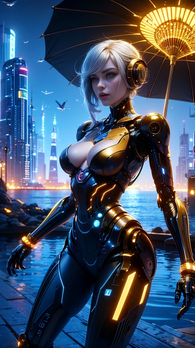 top quality, future world, State-of-the-art robot, Beautiful Woman, flying hair, Transformed into a cyborg except for the face,  sexy images, whole body photo, hand holding yellow umbrella,