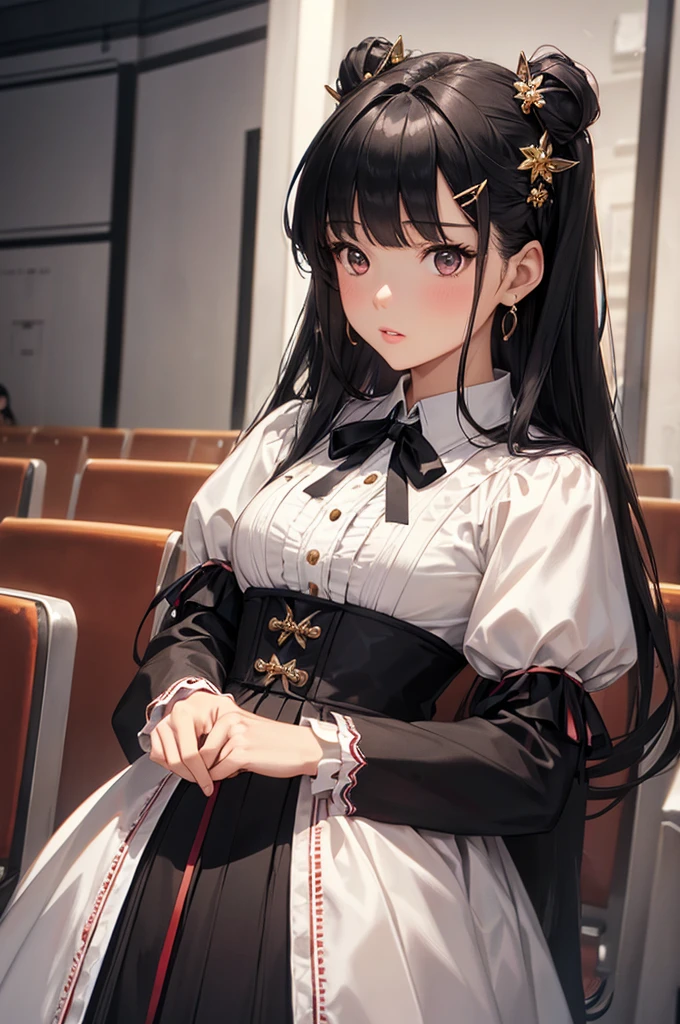 Better Quality, (Realistic:1.2), 1 girl, alone, Detailed face, Face focus, Are standing, Black Hair,(hair ornaments:1.35),secretary, Ribbon trimの袖, Featured sleeves, Ribbon trim, Long sleeve, (Watching the audience:1.5) Long Hair, Iris, stripe, lips,