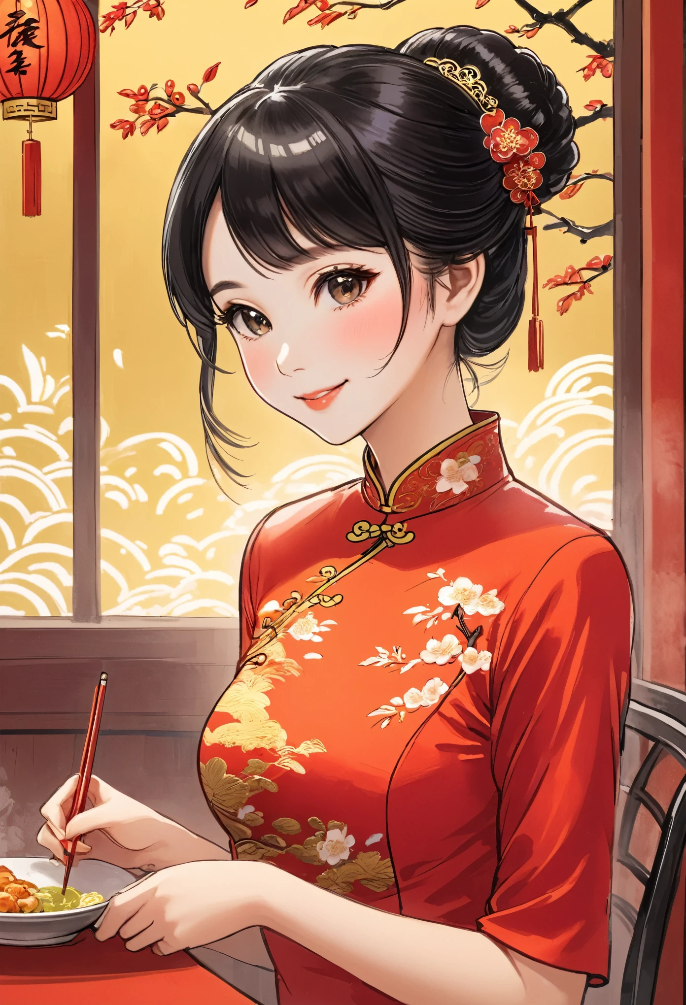 A beautiful woman, city,(Red cheongsam), (flower chignon), (gold embroidery thread), outdoor chinese restaurant, light smile, ((black hair)), little blush, side, (breast), line art, Scan Painting Art, Color pencil hand drawing, ((draft drawing style))