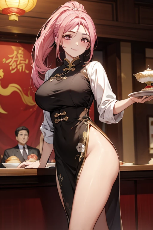 Highest quality,Masterpiece,8K,Ao Dai,,Big Breasts,Best Style,Droopy eyes,smile,Pink Hair,Long Ponytail,Chinese restaurant,waiter,Are standing