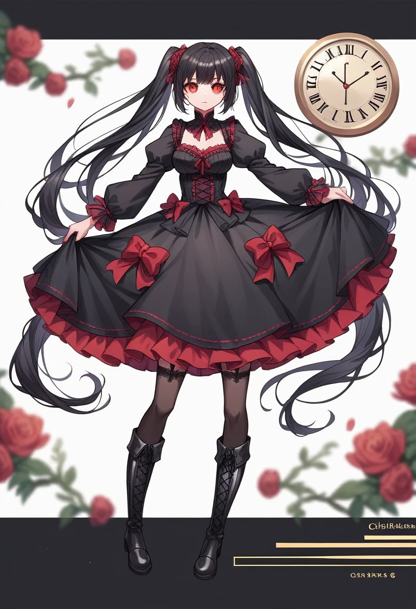 ((masterpiece, best quality, ultra detailed)), depth of field, (beautiful detailed eyes, pretty face, detailed face), 1girl( standing elegantly, different red left eye and golden right eye, long hair, twin-tails, black hair, red and black ta dress, long black boots, black stockings, black garter belt), clock mechanics background