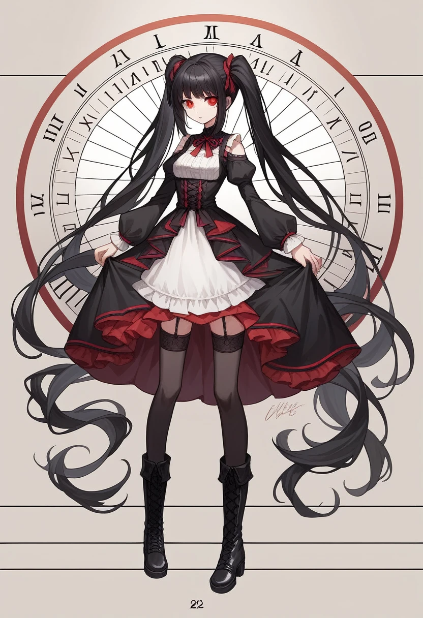 ((masterpiece, best quality, ultra detailed)), depth of field, (beautiful detailed eyes, pretty face, detailed face), 1girl( standing elegantly, different red left eye and golden right eye, long hair, twin-tails, black hair, red and black Lolita dress, long black boots, black stockings, black garter belt), clock mechanics background