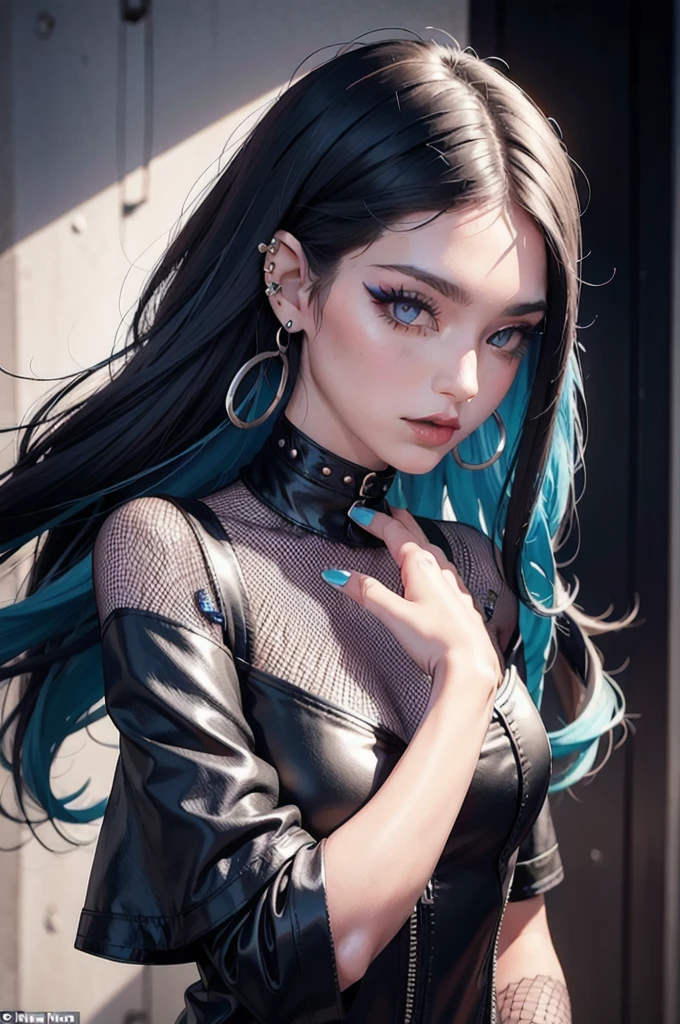 (masterpiece:1.2, best quality), (1lady, solo, upper body:1.2), Hair: shaved on one side, long on the other side, dyed bright blue, Makeup: bold, graphic eyeliner with rhinestones on the outer corners of the eyes, Clothing: a handmade, one-of-a-kind, patchwork jacket with fringe, paired with black leather shorts and fishnet stockings, Accessories: a silver nose ring and multiple ear piercings with unique jewelry pieces, Attending a music festival or alternative fashion event