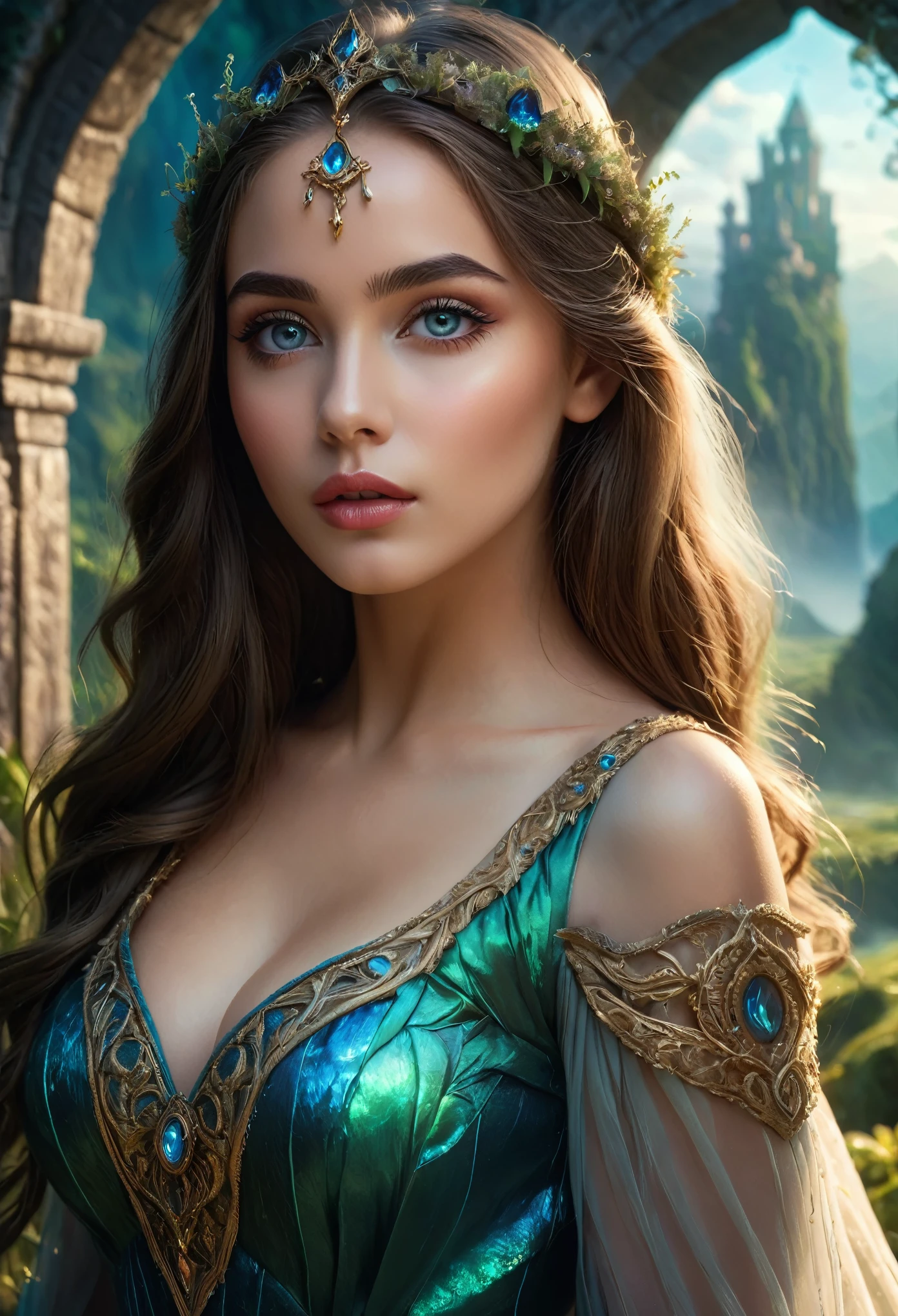 1girl, fantasy landscape, magic portal, mystical atmosphere, beautiful detailed eyes, beautiful detailed lips, extremely detailed face, long eyelashes, elegant dress, dynamic pose, photorealistic, hyper detailed, 4k, high resolution, masterpiece, intricate details, vivid colors, dramatic lighting, cinematic composition, concept art style