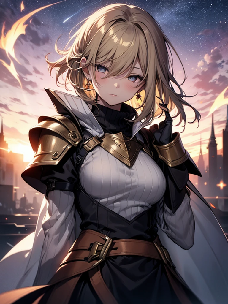 1girl, solo, armor, earrings, jewelry, shoulder armor, sky, looking at viewer, gloves, black gloves, fire, star (sky), bangs, starry sky, closed mouth, short hair, yellow eyes, breastplate, pauldrons, outdoors, faulds, hand up, grey hair, magic, blush, standing, gauntlets, slit pupils, vambraces, long sleeves, dress, white hair, turtleneck, armored dress, cloud, breasts, cowboy shot, night sky, medium hair, night, white dress, puffy sleeves, from below, sweater, long hair, orange eyes, black sweater, expressionless, swept bangs, shirt, medium breasts, white background, black shirt, fantasy, dutch angle, arm at side, sidelocks, knight, glowing, cloudy sky, blue sky, skirt, gradient sky, simple background, looking down, weapon, long dress, black dress, upper body, black hair, turtleneck sweater, blonde hair, brown eyes, ribbed sweater, long skirt, juliet sleeves, shiny, large breasts, smile, hair between eyes, sunset, 1boy, tabard, shiny hair, flame, gem, energy ball, plate armor, stud earrings, floating, single earring, bracer, blue eyes, clenched hand, galaxy, star (symbol), sun, light particles, brown hair, white skirt, very long hair, black armor, cross, closed eyes, waist cape, parted lips, cross earrings, backlighting, floating hair, dangle earrings, blurry, white shirt, signature, milky way, sword, hair ornament, male focus, space, energy, holding, pyrokinesis, purple sky, frown, twilight
