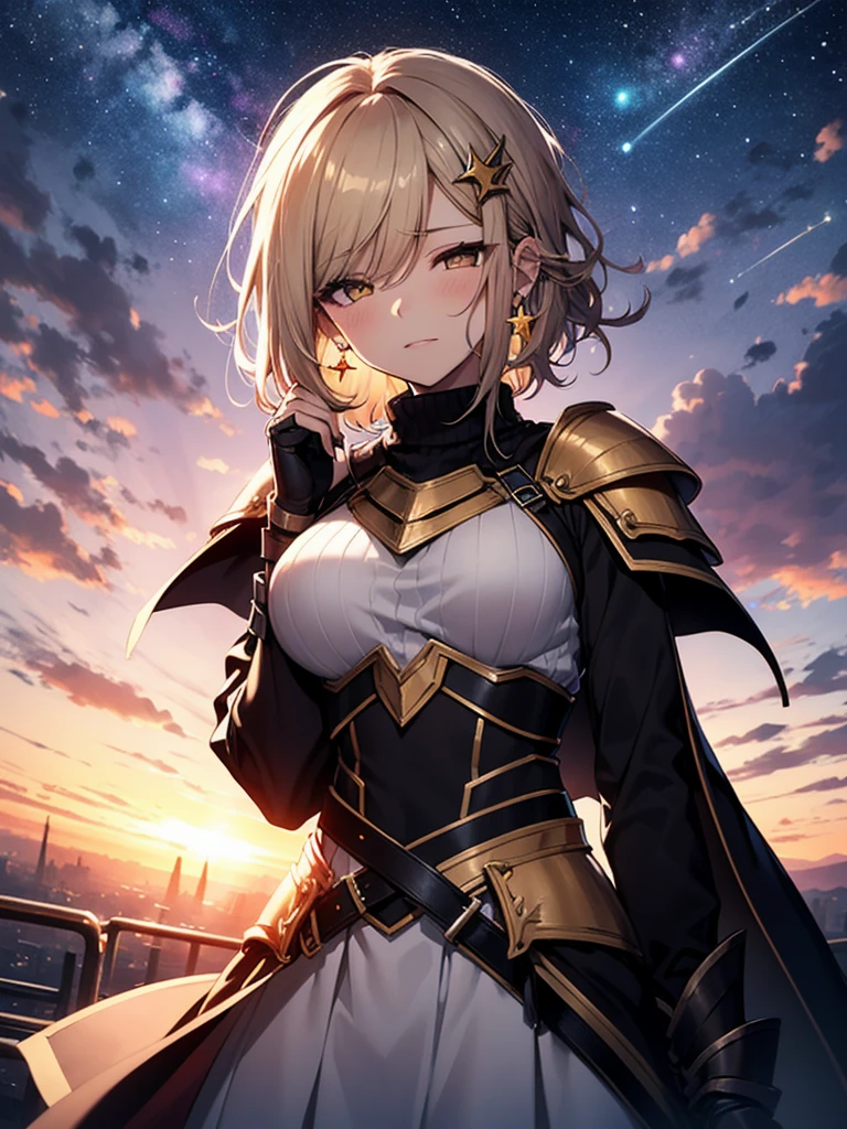1girl, solo, armor, earrings, jewelry, shoulder armor, sky, looking at viewer, gloves, black gloves, fire, star (sky), bangs, starry sky, closed mouth, short hair, yellow eyes, breastplate, pauldrons, outdoors, faulds, hand up, grey hair, magic, blush, standing, gauntlets, slit pupils, vambraces, long sleeves, dress, white hair, turtleneck, armored dress, cloud, breasts, cowboy shot, night sky, medium hair, night, white dress, puffy sleeves, from below, sweater, long hair, orange eyes, black sweater, expressionless, swept bangs, shirt, medium breasts, white background, black shirt, fantasy, dutch angle, arm at side, sidelocks, knight, glowing, cloudy sky, blue sky, skirt, gradient sky, simple background, looking down, weapon, long dress, black dress, upper body, black hair, turtleneck sweater, blonde hair, brown eyes, ribbed sweater, long skirt, juliet sleeves, shiny, large breasts, smile, hair between eyes, sunset, 1boy, tabard, shiny hair, flame, gem, energy ball, plate armor, stud earrings, floating, single earring, bracer, blue eyes, clenched hand, galaxy, star (symbol), sun, light particles, brown hair, white skirt, very long hair, black armor, cross, closed eyes, waist cape, parted lips, cross earrings, backlighting, floating hair, dangle earrings, blurry, white shirt, signature, milky way, sword, hair ornament, male focus, space, energy, holding, pyrokinesis, purple sky, frown, twilight