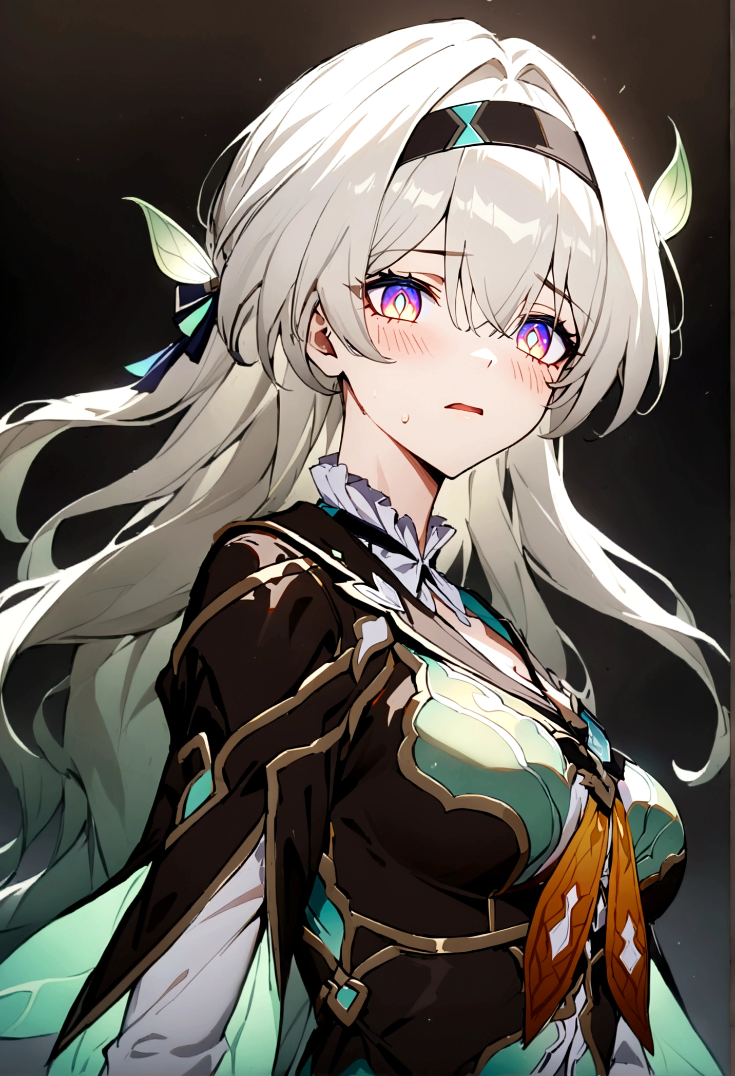 1girl, solo, firefly (honkai: star rail), black background, serious gaze, glowing eyes, solid eyes, sharp eyes, yellow pupils, bright pupils, slit pupils, purple scales, emotionless, glossy lips, parted lips, blush, disgusted face, expressive face, very long hair, silver hair, perfectly round breasts, adult body, Shiny skin, perfect face, perfect hands, perfect fingers, non human fingers, perfect design, perfect detailed eyes, beautiful detailed eyes, top quality, best quality, masterpiece, detailed outfit, super detailed, ultra detailed, highly detailed, cinematic lighting, perfect anatomy, CG:1.9, ultra detailed:1.9, ultra-detailed:1.9, high resolution:1.9, high res:1.9, absurdres:1.9, masterpiece:2, high quality:2, best quality:2,Saiyan Scouter, Saiyan_Scouter, scouter, tinted eyewear, saiyan armor, armor,add_detail:1, add_detail:0, add_detail:0.5