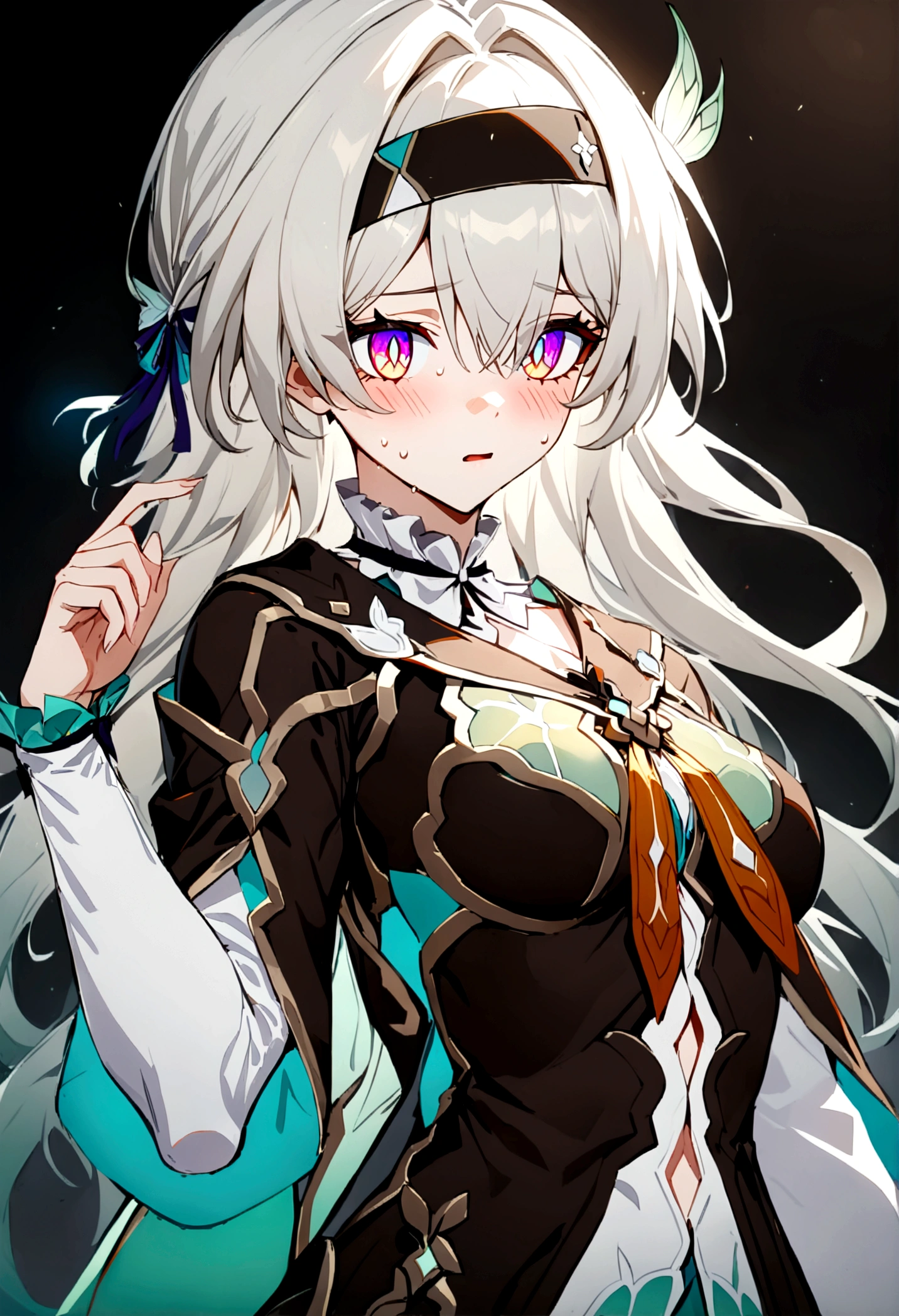 1girl, solo, firefly (honkai: star rail), black background, serious gaze, glowing eyes, solid eyes, sharp eyes, yellow pupils, bright pupils, slit pupils, purple scales, emotionless, glossy lips, parted lips, blush, disgusted face, expressive face, very long hair, silver hair, perfectly round breasts, adult body, Shiny skin, perfect face, perfect hands, perfect fingers, non human fingers, perfect design, perfect detailed eyes, beautiful detailed eyes, top quality, best quality, masterpiece, detailed outfit, super detailed, ultra detailed, highly detailed, cinematic lighting, perfect anatomy, CG:1.9, ultra detailed:1.9, ultra-detailed:1.9, high resolution:1.9, high res:1.9, absurdres:1.9, masterpiece:2, high quality:2, best quality:2,Saiyan Scouter, Saiyan_Scouter, scouter, tinted eyewear, saiyan armor, armor,add_detail:1, add_detail:0, add_detail:0.5