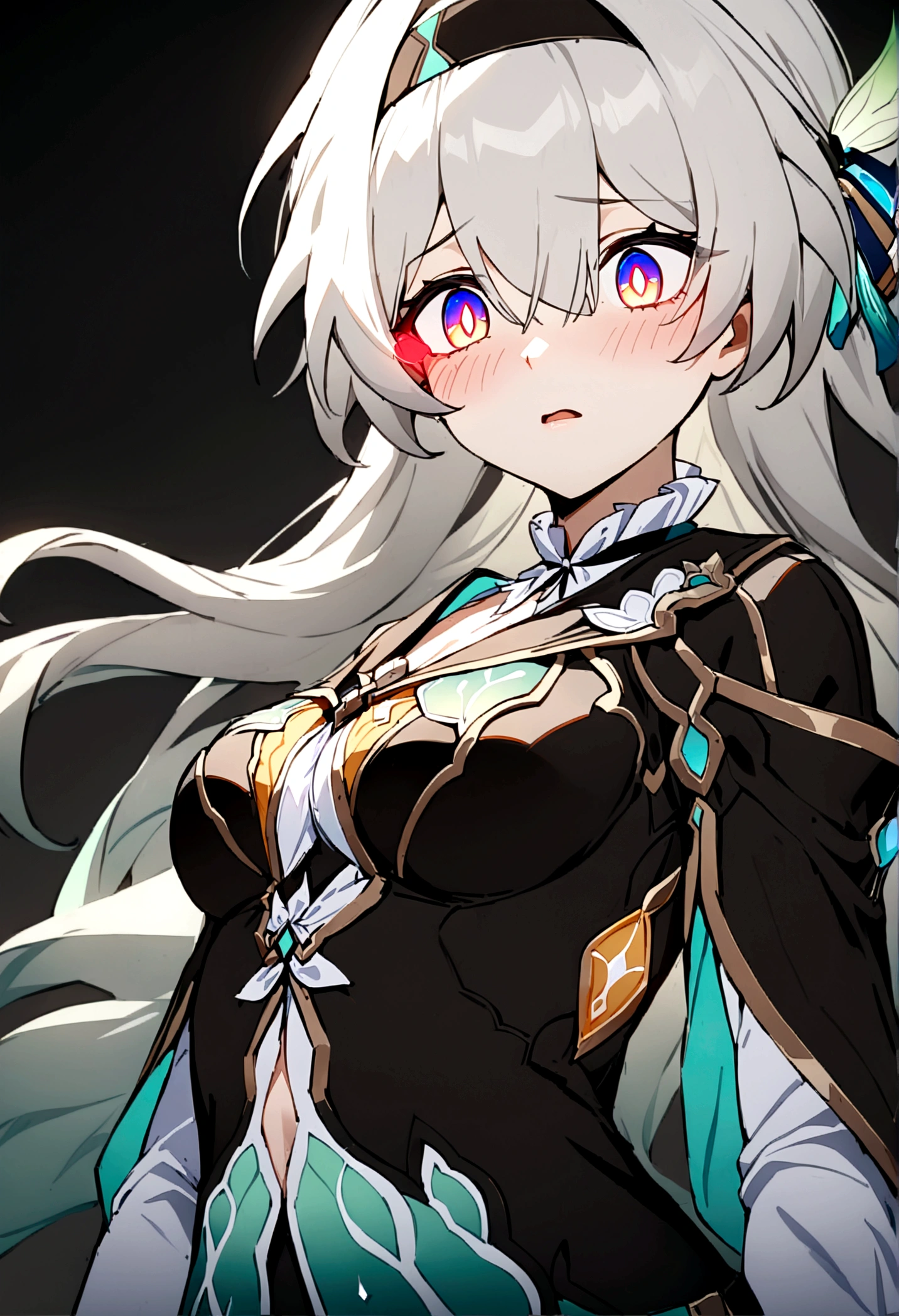1girl, solo, firefly (honkai: star rail), black background, serious gaze, glowing eyes, solid eyes, sharp eyes, yellow pupils, bright pupils, slit pupils, purple scales, emotionless, glossy lips, parted lips, blush, disgusted face, expressive face, very long hair, silver hair, perfectly round breasts, adult body, Shiny skin, perfect face, perfect hands, perfect fingers, non human fingers, perfect design, perfect detailed eyes, beautiful detailed eyes, top quality, best quality, masterpiece, detailed outfit, super detailed, ultra detailed, highly detailed, cinematic lighting, perfect anatomy, CG:1.9, ultra detailed:1.9, ultra-detailed:1.9, high resolution:1.9, high res:1.9, absurdres:1.9, masterpiece:2, high quality:2, best quality:2,Saiyan Scouter, Saiyan_Scouter, scouter, tinted eyewear, saiyan armor, armor,add_detail:1, add_detail:0, add_detail:0.5