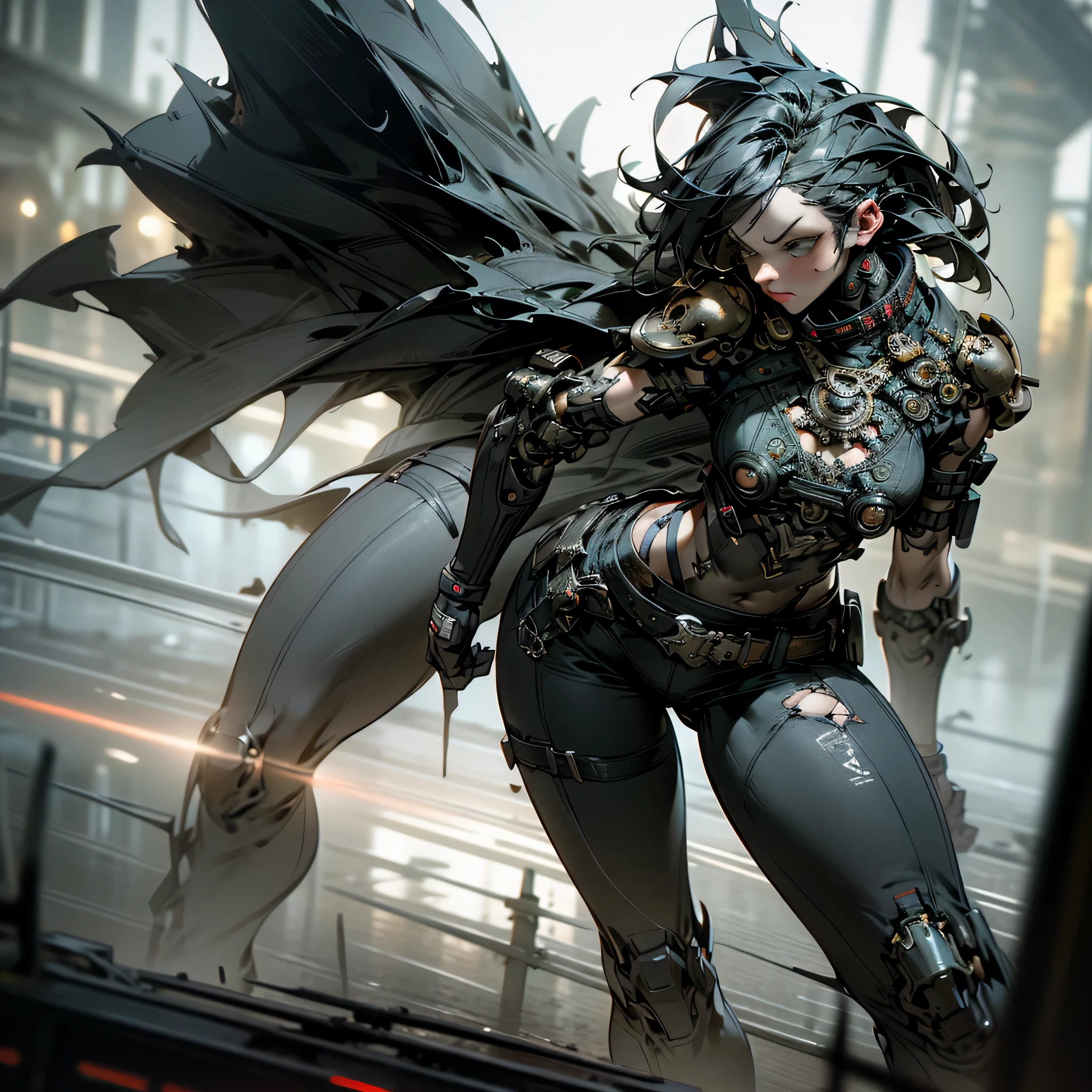 1 girl, attractive body in sexy clothes, gothic, wearing punk attire, destroyed city, in a mortal battle, solo, masterpiece, flawless, no anomalies, photorealistic, 8k, high quality, dramatic lighting, moody atmosphere, dark colors, gritty urban environment, hyper detailed, cinematic composition, dynamic pose, intense expression
