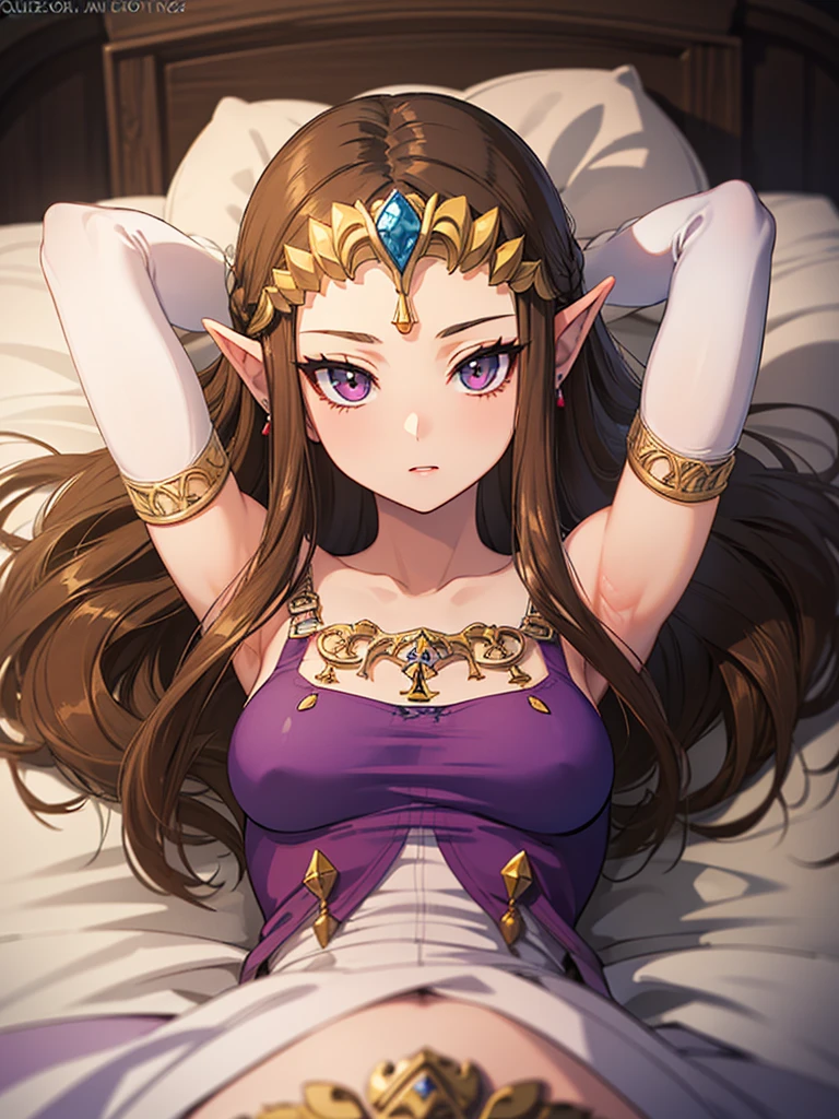 ((((((Arms above head)))))),((Princess Zelda)),((the legend of zelda)),((Front face)),((upper body)),Anime art style,masterpiece,(Dark brown hair), (Very detailed),(Very delicate and beautiful),(alone),((((pov)))),(Detailed face and eyes),Beautiful eyes like jewels,(Purple blouse),())),(( Queen in a beautiful)),((crinoline)),(((Long Straight Hair))),(Very beautiful mature woman),,length_gloves,,((Lying in bed))