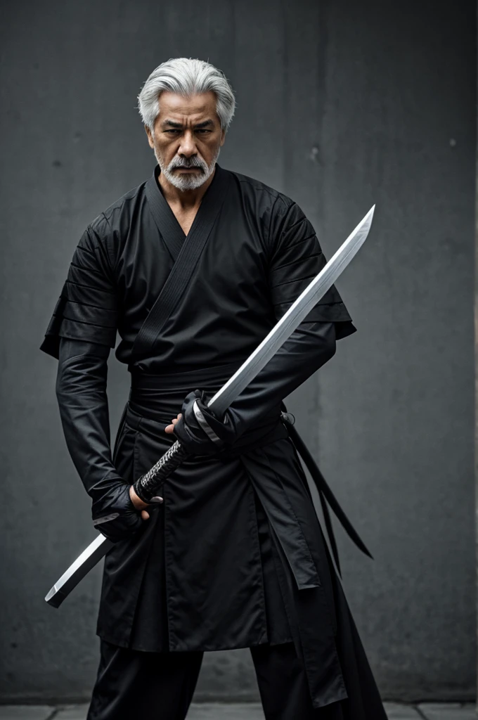 Swordsman with 2 katanas, black clothes and gray hair
