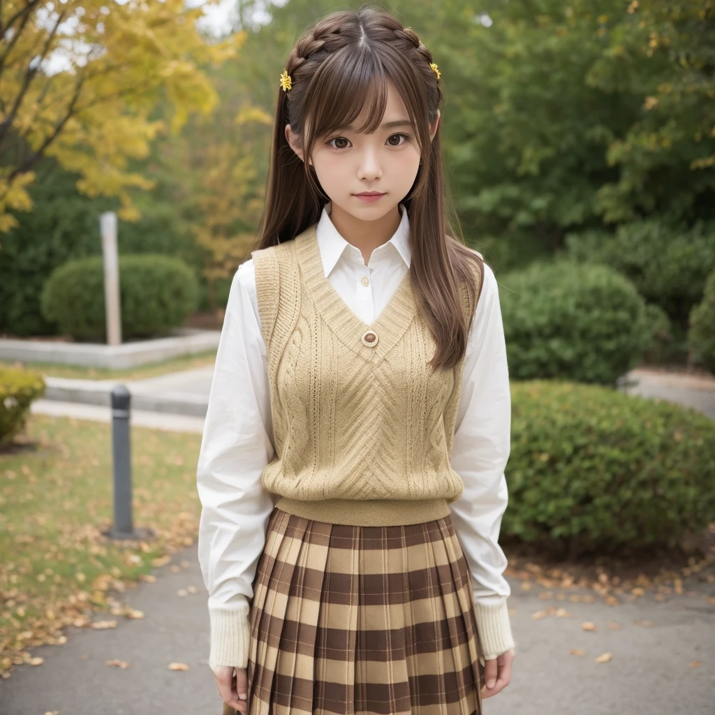 girl, alone,Are standing_Split, Food Yuuki, Brown eyes, Brown Hair, hair ornaments,Long Hair,Green plaid skirt, Sainan High , , White shirt, Yellow sweater vest,No underwear