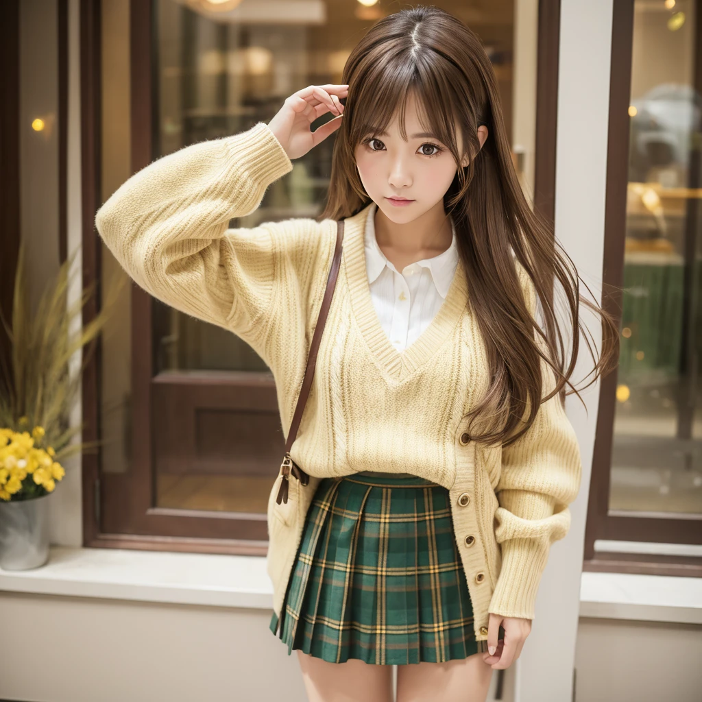 girl, alone,Are standing_Split, Food Yuuki, Brown eyes, Brown Hair, hair ornaments,Long Hair,Green plaid skirt, Sainan High , , White shirt, Yellow sweater vest,No underwear