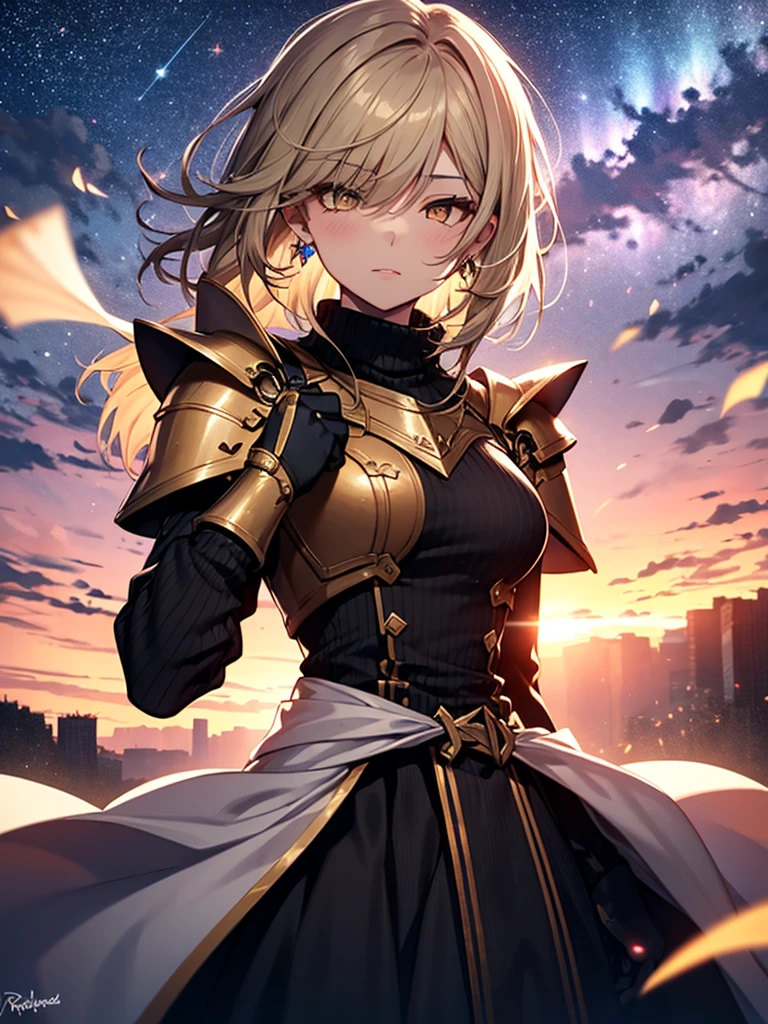 1girl, solo, armor, earrings, jewelry, shoulder armor, sky, looking at viewer, gloves, black gloves, fire, star (sky), bangs, starry sky, closed mouth, short hair, yellow eyes, breastplate, pauldrons, outdoors, faulds, hand up, grey hair, magic, blush, standing, gauntlets, slit pupils, vambraces, long sleeves, dress, white hair, turtleneck, armored dress, cloud, breasts, cowboy shot, night sky, medium hair, night, white dress, puffy sleeves, from below, sweater, long hair, orange eyes, black sweater, expressionless, swept bangs, shirt, medium breasts, white background, black shirt, fantasy, dutch angle, arm at side, sidelocks, knight, glowing, cloudy sky, blue sky, skirt, gradient sky, simple background, looking down, weapon, long dress, black dress, upper body, black hair, turtleneck sweater, blonde hair, brown eyes, ribbed sweater, long skirt, juliet sleeves, shiny, large breasts, smile, hair between eyes, sunset, 1boy, tabard, shiny hair, flame, gem, energy ball, plate armor, stud earrings, floating, single earring, bracer, blue eyes, clenched hand, galaxy, star (symbol), sun, light particles, brown hair, white skirt, very long hair, black armor, cross, closed eyes, waist cape, parted lips, cross earrings, backlighting, floating hair, dangle earrings, blurry, white shirt, signature, milky way, sword, hair ornament, male focus, space, energy, holding, pyrokinesis, purple sky, frown, twilight