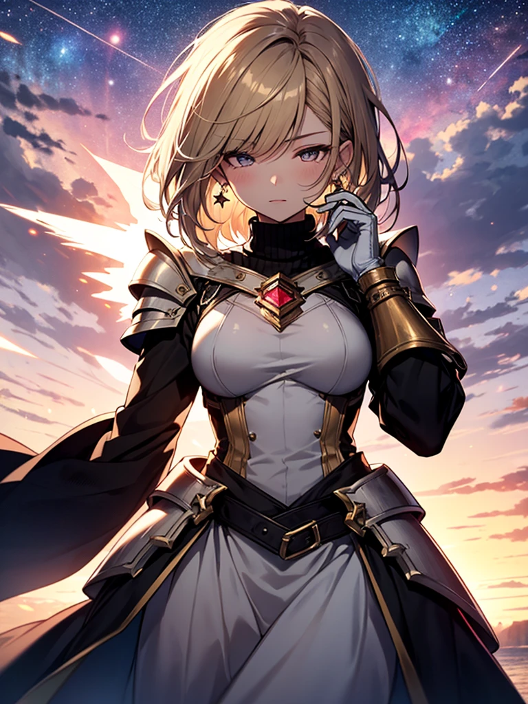 1girl, solo, armor, earrings, jewelry, shoulder armor, sky, looking at viewer, gloves, black gloves, fire, star (sky), bangs, starry sky, closed mouth, short hair, yellow eyes, breastplate, pauldrons, outdoors, faulds, hand up, grey hair, magic, blush, standing, gauntlets, slit pupils, vambraces, long sleeves, dress, white hair, turtleneck, armored dress, cloud, breasts, cowboy shot, night sky, medium hair, night, white dress, puffy sleeves, from below, sweater, long hair, orange eyes, black sweater, expressionless, swept bangs, shirt, medium breasts, white background, black shirt, fantasy, dutch angle, arm at side, sidelocks, knight, glowing, cloudy sky, blue sky, skirt, gradient sky, simple background, looking down, weapon, long dress, black dress, upper body, black hair, turtleneck sweater, blonde hair, brown eyes, ribbed sweater, long skirt, juliet sleeves, shiny, large breasts, smile, hair between eyes, sunset, 1boy, tabard, shiny hair, flame, gem, energy ball, plate armor, stud earrings, floating, single earring, bracer, blue eyes, clenched hand, galaxy, star (symbol), sun, light particles, brown hair, white skirt, very long hair, black armor, cross, closed eyes, waist cape, parted lips, cross earrings, backlighting, floating hair, dangle earrings, blurry, white shirt, signature, milky way, sword, hair ornament, male focus, space, energy, holding, pyrokinesis, purple sky, frown, twilight