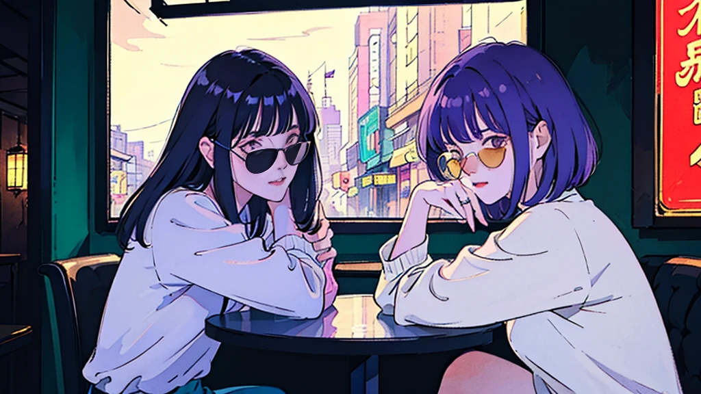 Beautiful Asian girl with purple hair sitting in a restaurant at night, Visible from the window, Perfect Face, sunglasses, Smoking white Taylormade cigarettes, Neon Black, (Backlight: 1.1), Hard Shadows, masterpiece, highest quality, Complex, Model shooting style, Vintage, Film Grain, Incomplete details