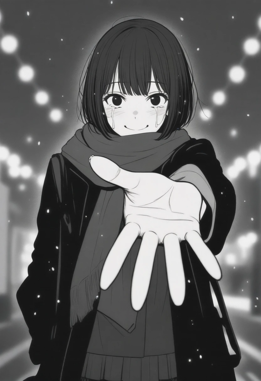 masterpiece, best quality, 1girl, mamerakkkkko, grayscale, manga style, japanese, chi no wadachi, black eyes, street, iced, black hair, schoolbag, smile, lineart, black coat, black scarf, black pleated skirt, leggins, centered, 18 years old, tall, fair skinned, bokeh background, crying, tears, tears streaming, bob cut, light particles, centered, snowing, (((reaching out left hand to viewer, perfect hand, detailed hand:1.1)), emotional anime scene