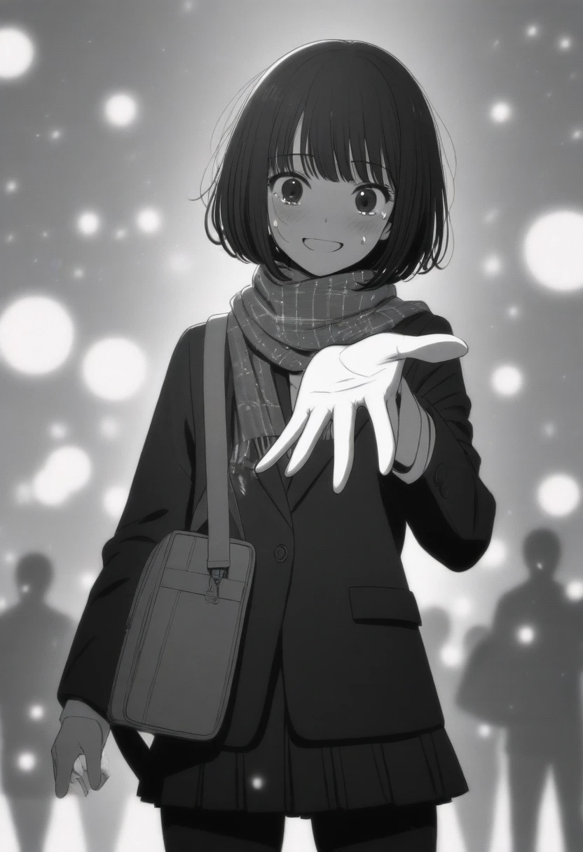 masterpiece, best quality, 1girl, mamerakkkkko, grayscale, manga style, japanese, chi no wadachi, black eyes, street, iced, black hair, schoolbag, smile, lineart, black coat, black scarf, black pleated skirt, leggins, centered, 18 years old, tall, fair skinned, bokeh background, crying, tears, tears streaming, bob cut, light particles, centered, snowing, (((reaching out left hand to viewer, perfect hand, detailed hand:1.1)), emotional anime scene
