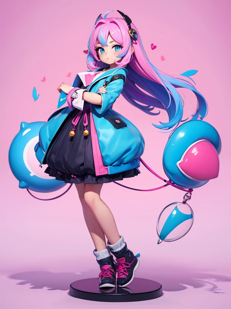 Seizo Watase style, Simple Line Initialism,Abstract art, 3d character, colorful hearts ,(((The most beautiful girl of all time))), (full body 1.2), only girl, long hair, bufferfly background, 18 year old, full body, (((8k))), (((3d)), blue and pink hair,