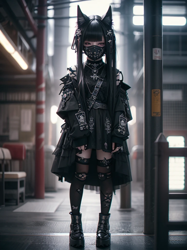 Highest quality、8K、masterpiece:1.3、Gothic Punk、The inside color is red、Black-haired、hair ornaments、Beautiful girl、creative、Dark Fantasy Style、Neogoth、Goth Fashion:1.2、High resolution、masterpiece、Highest quality、頭w:1.3、((Hasselblad Photos))、Fine skin、Sharp focus、(Cinematic lighting)、Realistic textured hair、((Black Mask)),Esbian all over、((View from below))