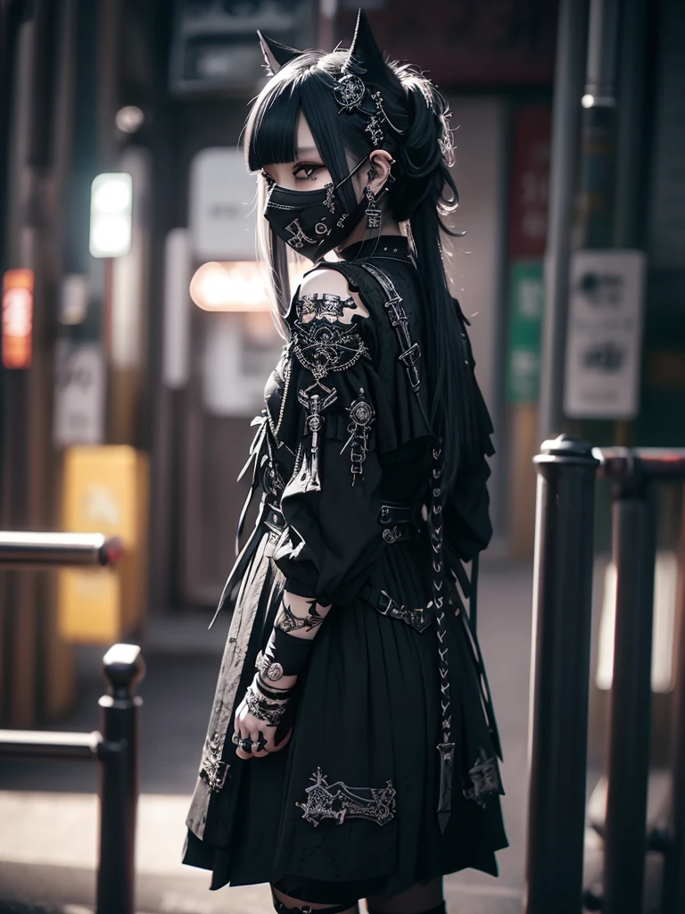 Highest quality、8K、masterpiece:1.3、Gothic Punk、The inside color is red、Black-haired、hair ornaments、Beautiful girl、creative、Dark Fantasy Style、Neogoth、Goth Fashion:1.2、High resolution、masterpiece、Highest quality、頭w:1.3、((Hasselblad Photos))、Fine skin、Sharp focus、(Cinematic lighting)、Realistic textured hair、((Black Mask)),Esbian all over、((View from below))