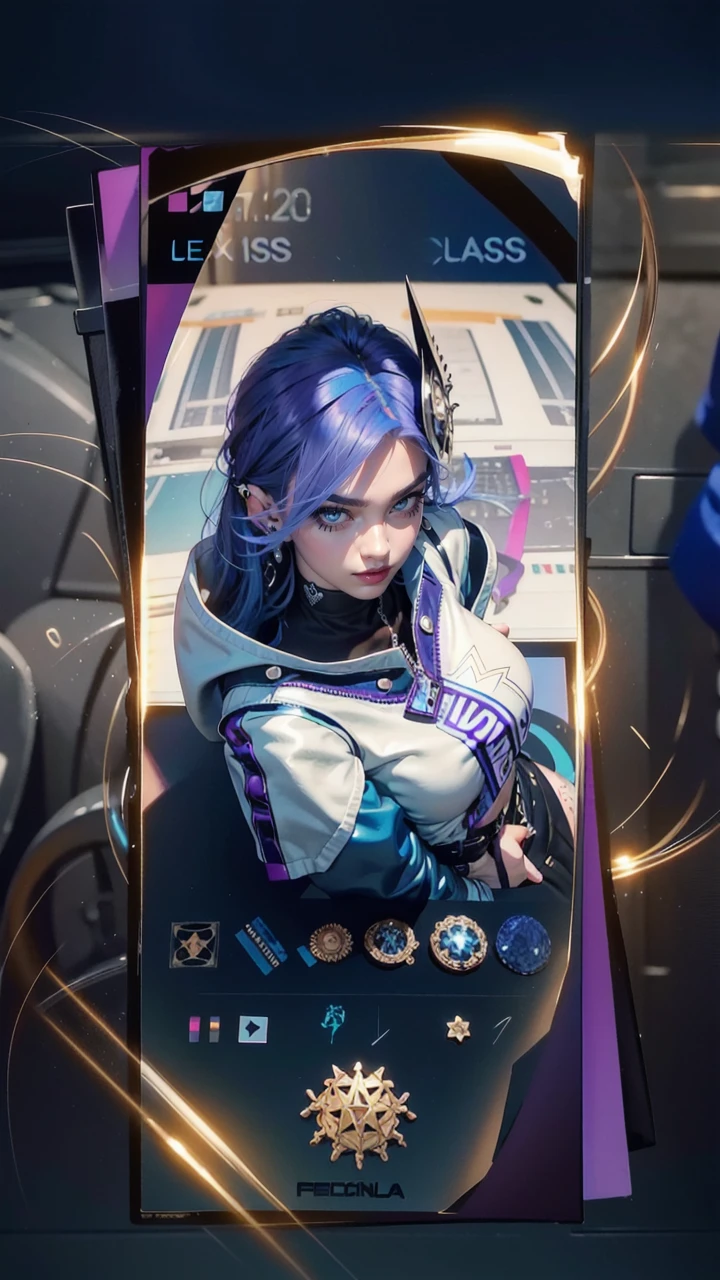 (masterpiece:1.2, best quality), (1lady, solo, upper body:1.2), Hair: shaved on one side, long on the other side, dyed bright blue, Makeup: bold, graphic eyeliner with rhinestones on the outer corners of the eyes, Clothing: a handmade, one-of-a-kind, patchwork jacket with fringe, paired with black leather shorts and fishnet stockings, Accessories: a silver nose ring and multiple ear piercings with unique jewelry pieces, Attending a music festival or alternative fashion event