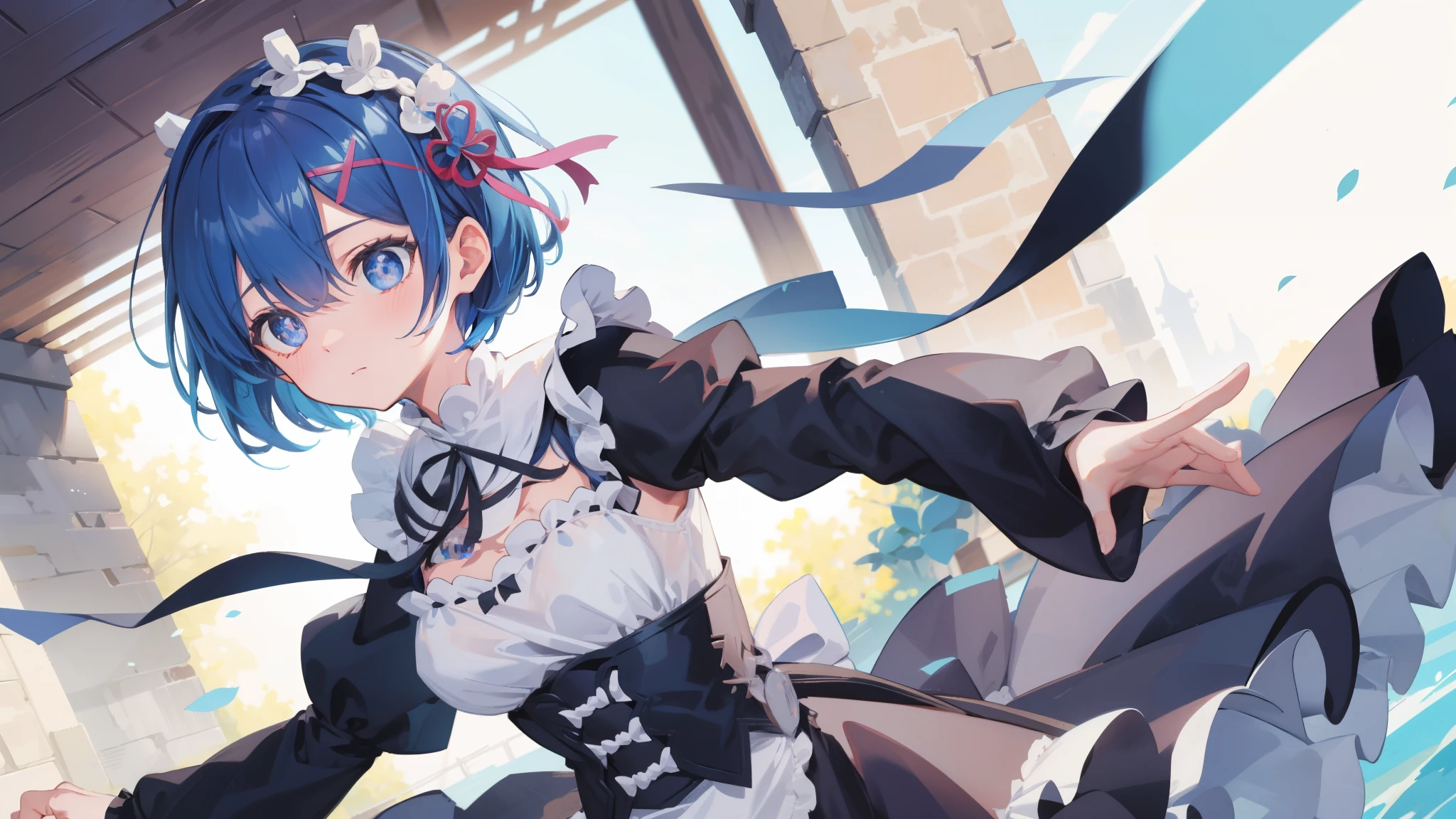 rezeroREM sleep, REM sleep, Blue eyes, blue hair, hair ornament, hair over one eye, hair tape, short hair, x hair ornament,
BREAK apron, black tape, black skirt, black sleeves, separate collar, cut off sleeves, flower, frilled apron, frilled skirt, frill, Wreath on the head, long sleeves, maid, miniskirt, neck tape, purple tape, tape, tape trim, tape-trimmed sleeves, roswaal mansion maid uniform, short hair, skirt, thigh high, waist apron, white apron, white thigh high,
BREAK outdoors, city,
BREAK looking at viewer,
BREAK (masterpiece:1.2), Best quality, A high resolution, unity 8k wallpaper, (illustration:0.8), (beautiful detailed eyes:1.6), extREM sleepely detailed face, perfect lighting, extREM sleepely detailed CG, (perfect hands, Ideal Anatomy),