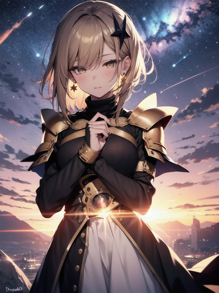 1girl, solo, armor, earrings, jewelry, shoulder armor, sky, looking at viewer, gloves, black gloves, fire, star (sky), bangs, starry sky, closed mouth, short hair, yellow eyes, breastplate, pauldrons, outdoors, faulds, hand up, grey hair, magic, blush, standing, gauntlets, slit pupils, vambraces, long sleeves, dress, white hair, turtleneck, armored dress, cloud, breasts, cowboy shot, night sky, medium hair, night, white dress, puffy sleeves, from below, sweater, long hair, orange eyes, black sweater, expressionless, swept bangs, shirt, medium breasts, white background, black shirt, fantasy, dutch angle, arm at side, sidelocks, knight, glowing, cloudy sky, blue sky, skirt, gradient sky, simple background, looking down, weapon, long dress, black dress, upper body, black hair, turtleneck sweater, blonde hair, brown eyes, ribbed sweater, long skirt, juliet sleeves, shiny, large breasts, smile, hair between eyes, sunset, 1boy, tabard, shiny hair, flame, gem, energy ball, plate armor, stud earrings, floating, single earring, bracer, blue eyes, clenched hand, galaxy, star (symbol), sun, light particles, brown hair, white skirt, very long hair, black armor, cross, closed eyes, waist cape, parted lips, cross earrings, backlighting, floating hair, dangle earrings, blurry, white shirt, signature, milky way, sword, hair ornament, male focus, space, energy, holding, pyrokinesis, purple sky, frown, twilight