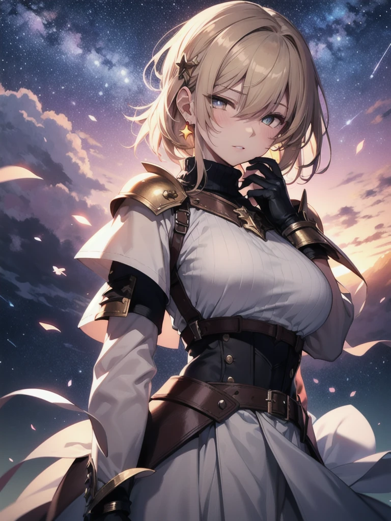 1girl, solo, armor, earrings, jewelry, shoulder armor, sky, looking at viewer, gloves, black gloves, fire, star (sky), bangs, starry sky, closed mouth, short hair, yellow eyes, breastplate, pauldrons, outdoors, faulds, hand up, grey hair, magic, blush, standing, gauntlets, slit pupils, vambraces, long sleeves, dress, white hair, turtleneck, armored dress, cloud, breasts, cowboy shot, night sky, medium hair, night, white dress, puffy sleeves, from below, sweater, long hair, orange eyes, black sweater, expressionless, swept bangs, shirt, medium breasts, white background, black shirt, fantasy, dutch angle, arm at side, sidelocks, knight, glowing, cloudy sky, blue sky, skirt, gradient sky, simple background, looking down, weapon, long dress, black dress, upper body, black hair, turtleneck sweater, blonde hair, brown eyes, ribbed sweater, long skirt, juliet sleeves, shiny, large breasts, smile, hair between eyes, sunset, 1boy, tabard, shiny hair, flame, gem, energy ball, plate armor, stud earrings, floating, single earring, bracer, blue eyes, clenched hand, galaxy, star (symbol), sun, light particles, brown hair, white skirt, very long hair, black armor, cross, closed eyes, waist cape, parted lips, cross earrings, backlighting, floating hair, dangle earrings, blurry, white shirt, signature, milky way, sword, hair ornament, male focus, space, energy, holding, pyrokinesis, purple sky, frown, twilight