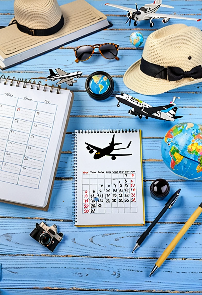 Banner: on a blue wooden table there is a beige hat with a black ribbon, a small white airplane, a globe, sunglasses, a small calendar with a notebook and pen, a camera,