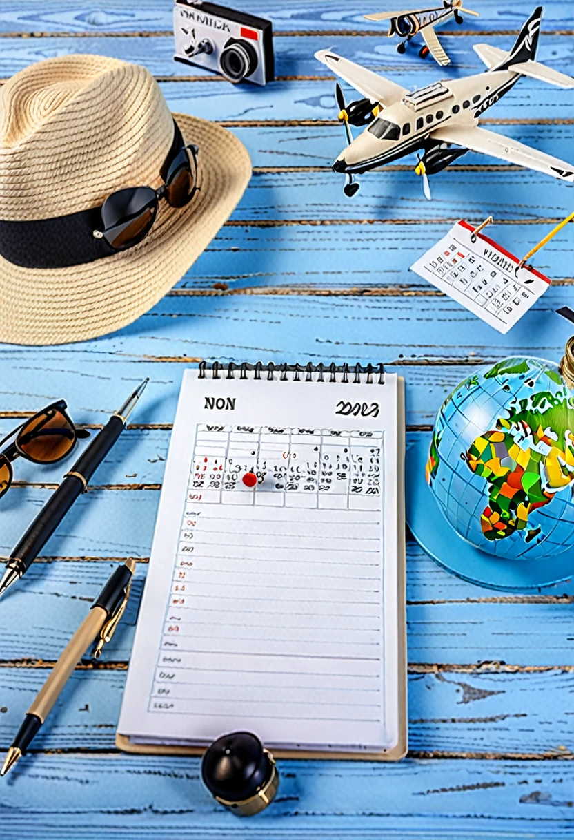 Banner: on a blue wooden table there is a beige hat with a black ribbon, a small white airplane, a globe, sunglasses, a small calendar with a notebook and pen, a camera,