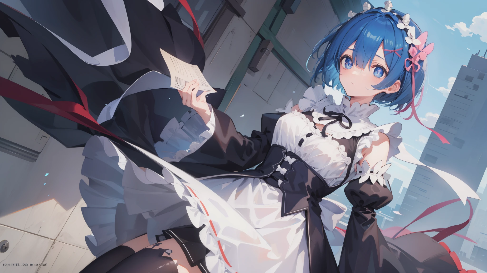 rezeroREM sleep, REM sleep, Blue eyes, blue hair, hair ornament, hair over one eye, hair tape, short hair, x hair ornament,
BREAK apron, black tape, black skirt, black sleeves, separate collar, cut off sleeves, flower, frilled apron, frilled skirt, frill, Wreath on the head, long sleeves, maid, miniskirt, neck tape, purple tape, tape, tape trim, tape-trimmed sleeves, roswaal mansion maid uniform, short hair, skirt, thigh high, waist apron, white apron, white thigh high,
BREAK outdoors, city,
BREAK looking at viewer,
BREAK (masterpiece:1.2), Best quality, A high resolution, unity 8k wallpaper, (illustration:0.8), (beautiful detailed eyes:1.6), extREM sleepely detailed face, perfect lighting, extREM sleepely detailed CG, (perfect hands, Ideal Anatomy),