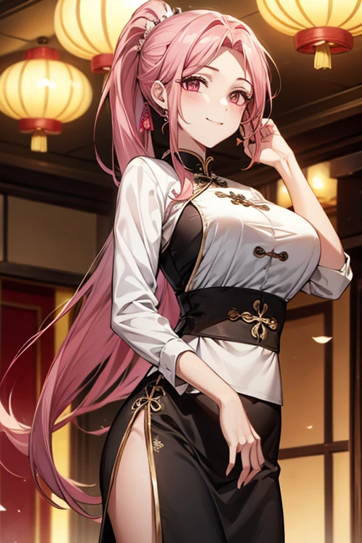 Highest quality,Masterpiece,8K,Ao Dai,,Big Breasts,Best Style,Droopy eyes,smile,Pink Hair,Long Ponytail,Chinese restaurant,waiter,Are standing