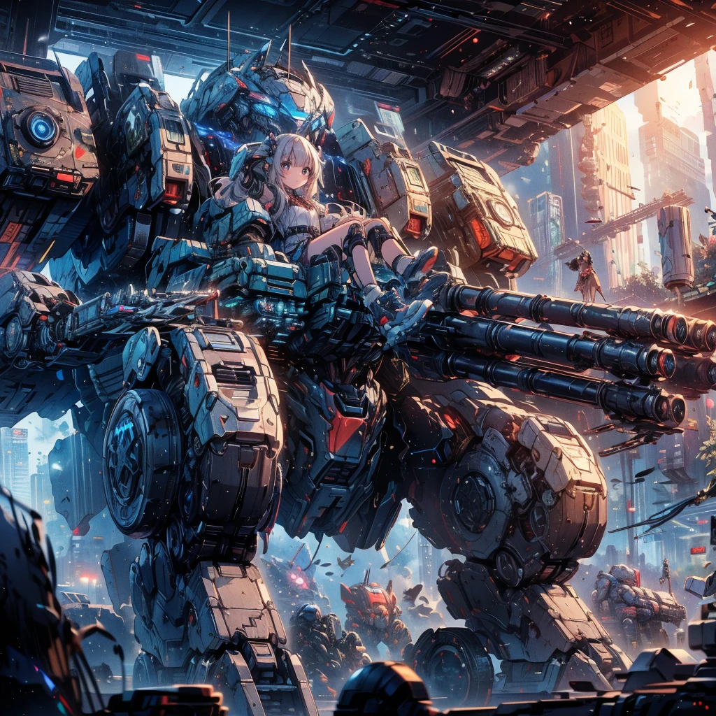 (masterpiece:1.2), best quality, high resolution, extremely detailed CG, absurdres, highres, Sci-fi world where a mecha girl sits inside a machine with giant robot arms and legs on a battlefield, and the girl holds the lever of the machine