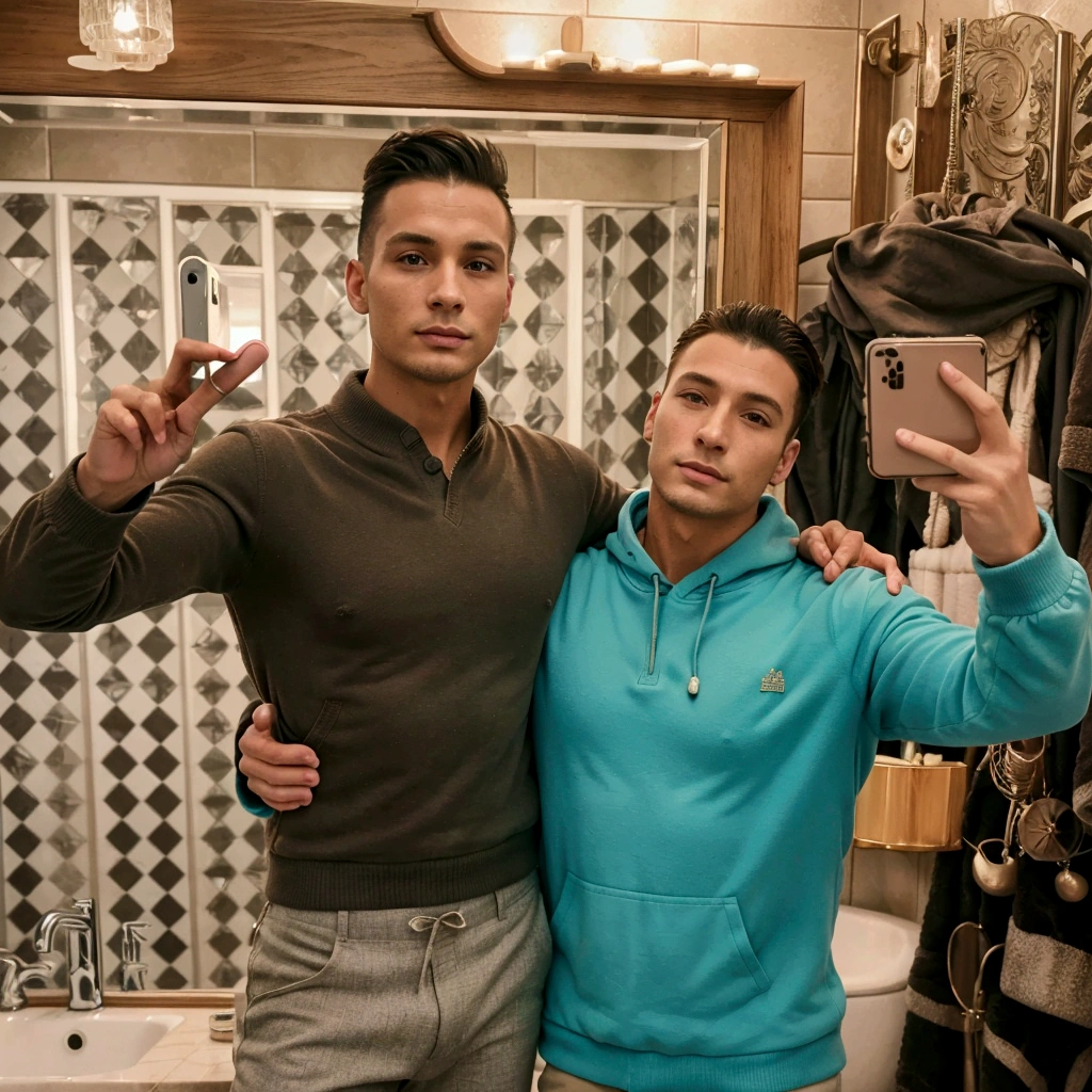 chiseled man taking a selfie in the bathroom mirror, profile pic, full costume, foto perfil 1024px, very low quality image, foto perfil, wearing a fisher 🧥, album photo, # oc, #oc, Dylan Cole, then ouelleta, Gustave Doré, 2 0 2 2 photo, ultra realistic image