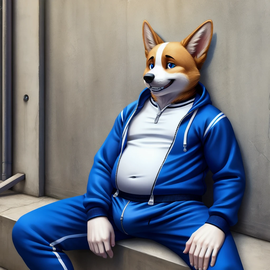 a slightly chubby young male corgi with small human blue eyes, no eyebrows, wearing a dark blue Adidas tracksuit, no pants white briefs, white socks ,zip on chest sit lean on wall , highly detailed, realistic, 4k, best quality, masterpiece, vivid colors, physically-based rendering, white hands five finger, wicked grin hands on chest looking down